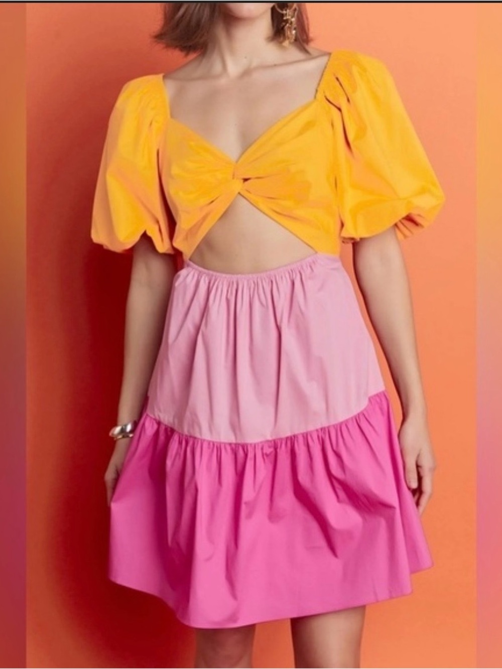 English Factory Yellow and Pink Puff Sleeve Colorblock Dress
